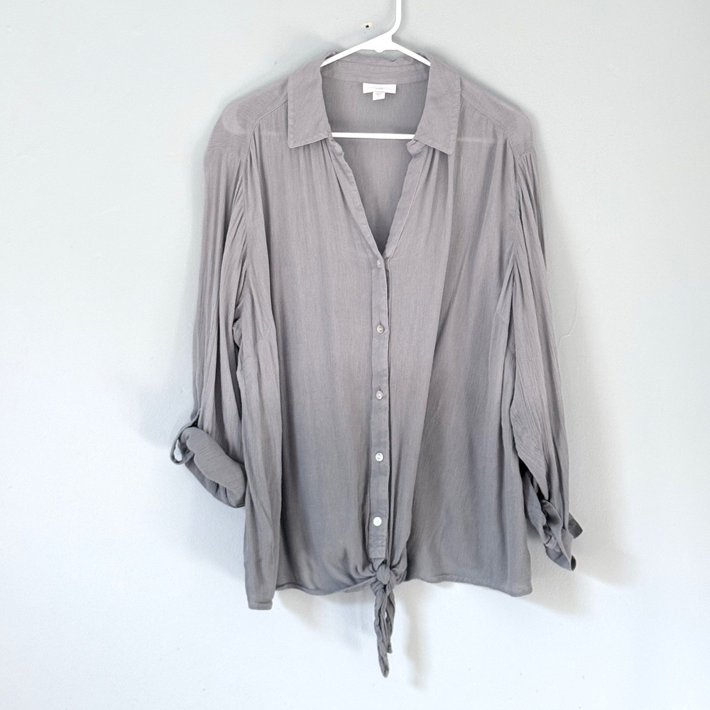 J. JIll Top XL Grey Ombre Gauze Tie Front Button Down Blouse Classic Coastal